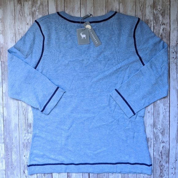 InCashmere Cashmere Blend V-Neck 3/4 Sleeve Sweater, Blue & Navy L NWT - Picture 4 of 5
